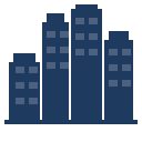 Pixel art illustration of a skyline of multiple buildings